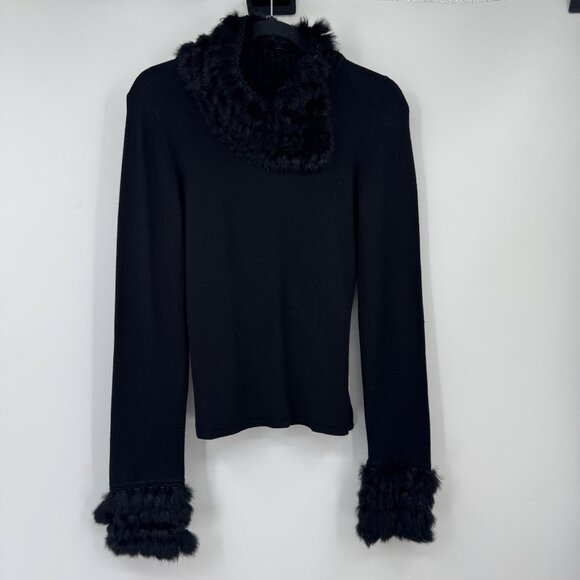 Yuka Black Cowl Neck Sweater Rabbit Fur Trim at Collar Wrist woman’s size Medium - Picture 1 of 11